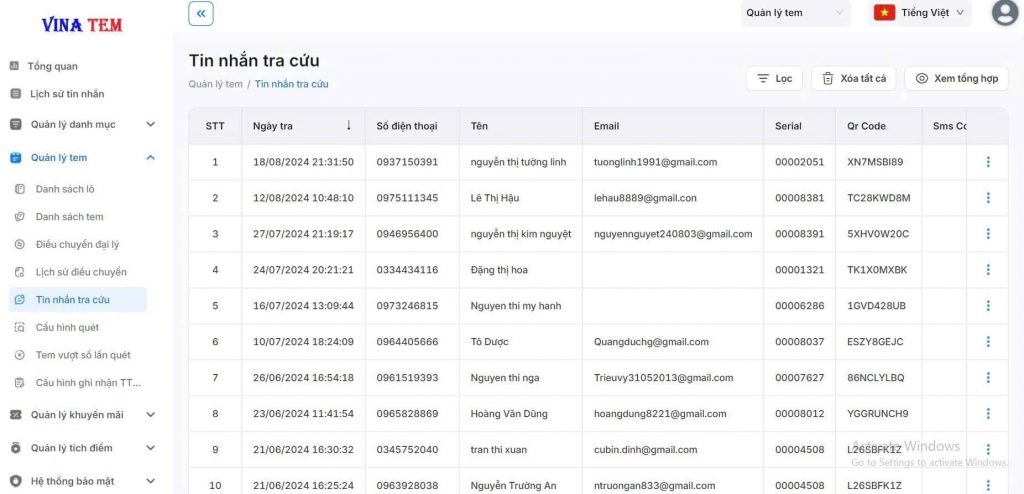 Dữ liệu khách hàng có email